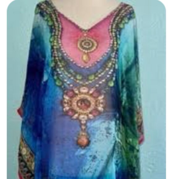 Boho Caftan Tunic – Faux Necklace Print w/ Rhinestones – One Size - Picture 2 of 16